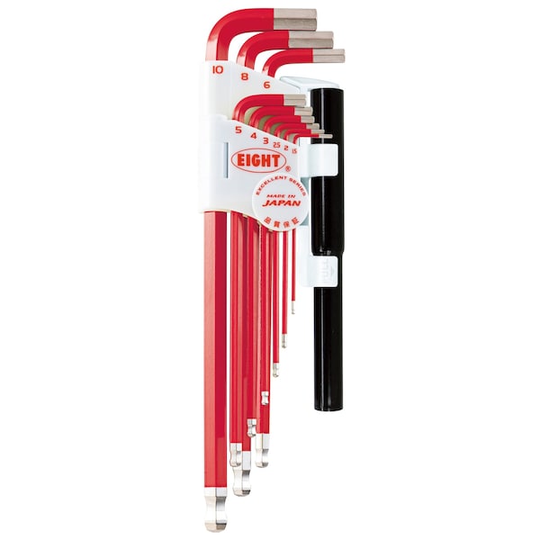 Eight Tool TAPER HEAD HEX KEY L-HANDLE EXTRA LONG SET, 9PC 1.5-10MM RED W/EXTENSION PIPES TLC-S9NPRE - main